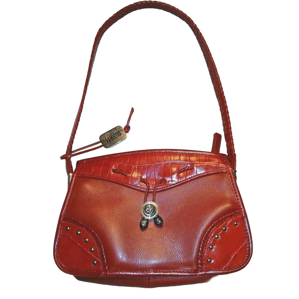 Vintage Maggie B Red Leather Shoulder Bag Croco Embossed Silver Tone Metal 10x6